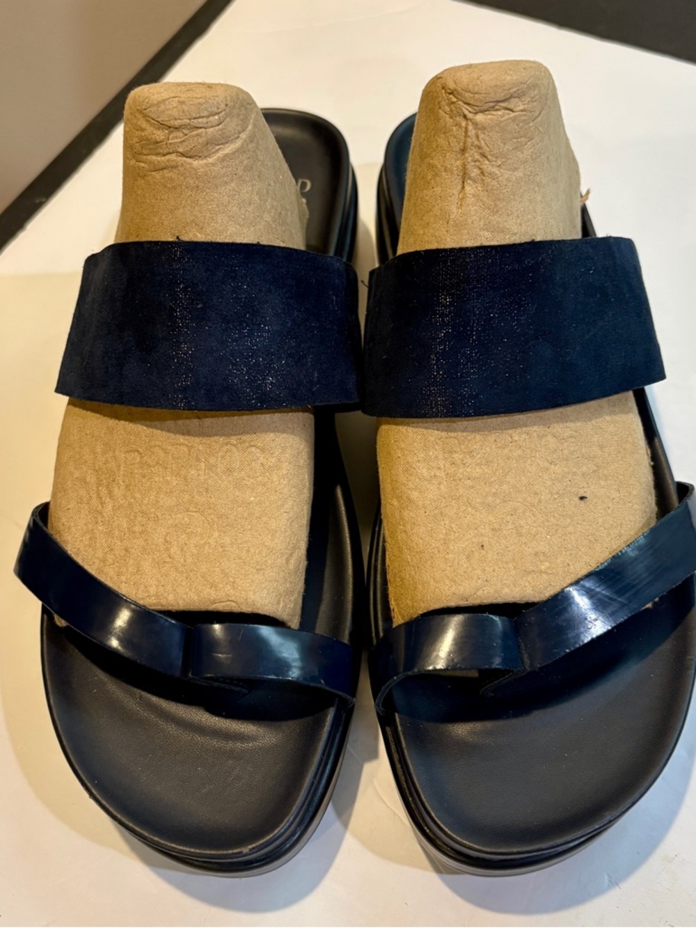 Donald J. Pliner Luxury Navy Suede and Patent Two-Band Slide